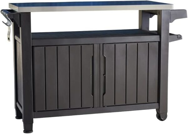 Keter Unity XL BBQ Beistelltisch, Abmessungen 134x51.7x89.6cm, grau, wetterfest, Arbeitsplatte aus Edelstahl, Outdoor Sideboard, perfekt für das Grillen im Frühling