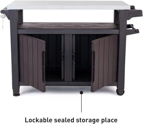 Keter Unity XL BBQ Beistelltisch, Abmessungen 134x51.7x89.6cm, grau, wetterfest, Arbeitsplatte aus Edelstahl, Outdoor Sideboard, perfekt für das Grillen im Frühling - Image 3