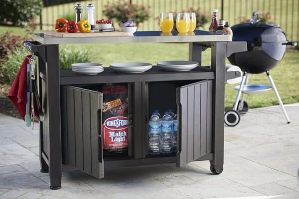 Keter Unity XL BBQ Beistelltisch, Abmessungen 134x51.7x89.6cm, grau, wetterfest, Arbeitsplatte aus Edelstahl, Outdoor Sideboard, perfekt für das Grillen im Frühling - Image 6