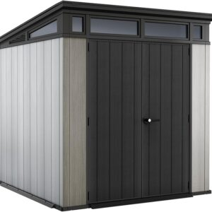 Keter Artisan 7x7 Gerätehaus – Wetterfestes Gartenhaus mit Boden, Pultdach, Doppeltüren & Fenster, Ideal für Outdoor-Aufbewahrung, 214x218x226cm, 8,3 m³, grau