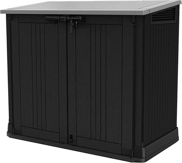 Keter Store it Out Nova Gartenschuppen aus Kunststoff, Außenmaße: 132 x 71.5 x 113.5 cm, 880l Fassungsvermögen, dunkelgrau, passend für 2x120l Mülltonnen, wetterfest, abschließbar - Image 4