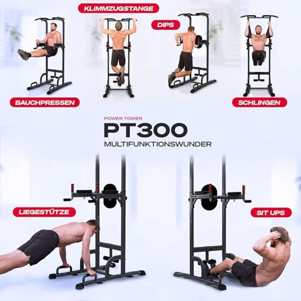 Sportstech 7in1 Power Tower PT300 als Dip Station & Kraftturm, multifunktionale Kraftstation für Zuhause mit Klimmzugstange, Liegestützgriffe und 4 Ösen für TRX, Ropes & Schlingen, Sit-Ups, in schwarz - Image 5