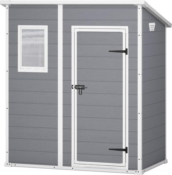 Keter Manor Pent 6x4 Gartenhaus wetterfest, Kunststoff, Outdoor, Außenmaße: BxTxH:183.5 x 111 x 200.5 cm, Innenmaße: 168.5 x 97 x 154 cm, grau