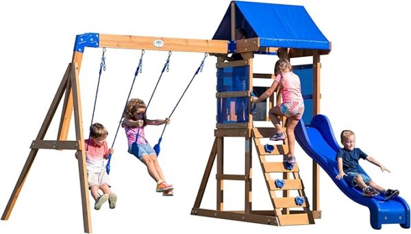 Backyard Discovery Spielturm Aurora aus Holz | XXL Spielhaus für Kinder mit Rutsche, Schaukeln und Kletterleiter | Stelzenhaus für den Garten - Image 3