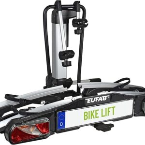 EUFAB 11535 Fahrradträger BIKE LIFT, E-Bike geeignet, komplett vormontiert, elektrische Absenkung, Diebstahlschutz, für 2 Fahrräder, für Anhängerkupplung, 135x74x74cm