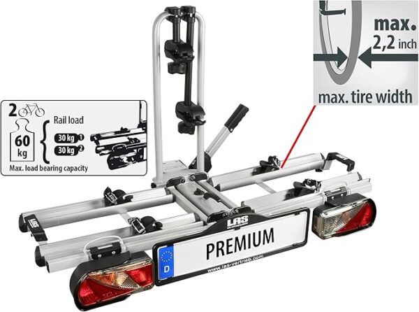 EUFAB 12011LAS Fahrradträger PREMIUM, E-Bike geeignet, komplett vormontiert, Diebstahlschutz, für 2 Fahrräder, für Anhängerkupplung, schwarz, grau - Image 2