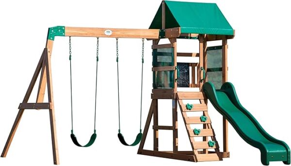 Backyard Discovery Spielturm Buckley Hill aus Holz | XXL Spielhaus für Kinder mit Rutsche, Schaukel und Kletterleiter | Stelzenhaus für den Garten