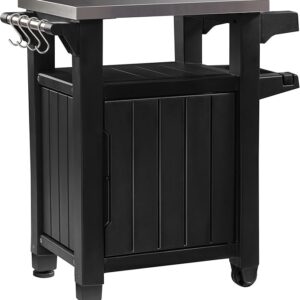 Keter BBQ Beistelltisch Unity, Graphit, L 70 x B 54 x H 90 cm, wetterfest, Arbeitsplatte aus Edelstahl, Outdoor Sideboard, perfekt für das Grillen im Frühling