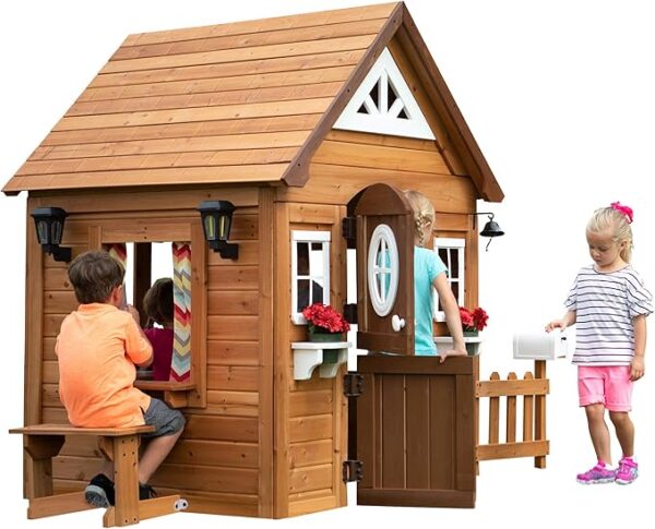 Backyard Discovery Spielhaus Aspen aus Holz | Outdoor Kinderspielhaus für den Garten inklusive Zubehör | Gartenhaus für Kinder mit Fenstern in Braun & Weiß - Image 2