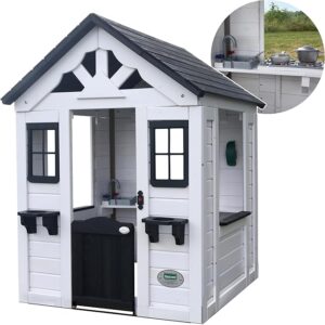 Backyard Discovery Spielhaus Sweetwater aus Holz | Outdoor Kinderspielhaus für den Garten inklusive Zubehör | Gartenhaus für Kinder mit Fenstern in Weiß & Anthrazit