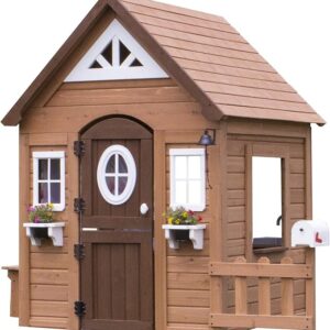 Backyard Discovery Spielhaus Aspen aus Holz | Outdoor Kinderspielhaus für den Garten inklusive Zubehör | Gartenhaus für Kinder mit Fenstern in Braun & Weiß