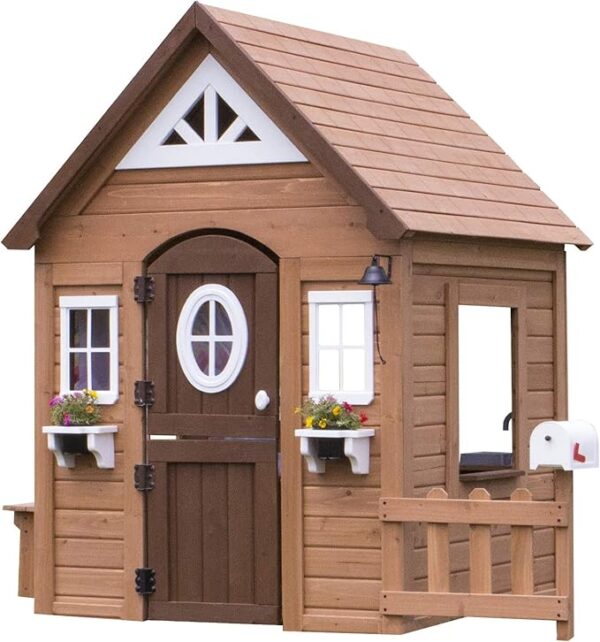 Backyard Discovery Spielhaus Aspen aus Holz | Outdoor Kinderspielhaus für den Garten inklusive Zubehör | Gartenhaus für Kinder mit Fenstern in Braun & Weiß
