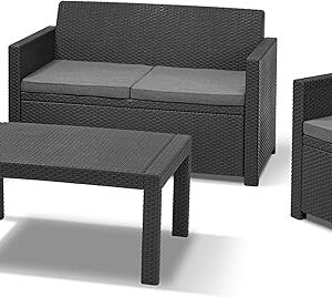 Allibert by Keter Merano Gartenmöbel Set aus Kunststoff, inkl. Sitzkissen, grau, 4-teilig, 2 Sessel, Sofa & Tisch, für Garten & Terrasse, Flache Rattanoptik
