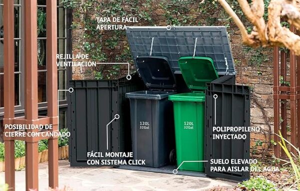 Keter Store it Out Nova Gartenschuppen aus Kunststoff, Außenmaße: 132 x 71.5 x 113.5 cm, 880l Fassungsvermögen, dunkelgrau, passend für 2x120l Mülltonnen, wetterfest, abschließbar - Image 6