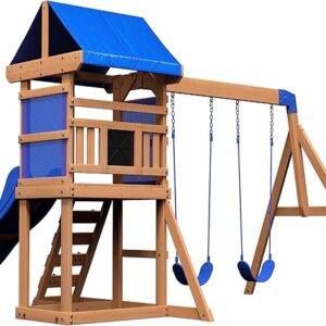 Backyard Discovery Spielturm Aurora aus Holz | XXL Spielhaus für Kinder mit Rutsche, Schaukeln und Kletterleiter | Stelzenhaus für den Garten