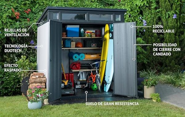 Keter Artisan 7x7 Gerätehaus – Wetterfestes Gartenhaus mit Boden, Pultdach, Doppeltüren & Fenster, Ideal für Outdoor-Aufbewahrung, 214x218x226cm, 8,3 m³, grau - Image 4