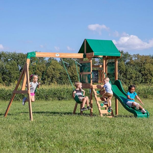 Backyard Discovery Spielturm Buckley Hill aus Holz | XXL Spielhaus für Kinder mit Rutsche, Schaukel und Kletterleiter | Stelzenhaus für den Garten - Image 5