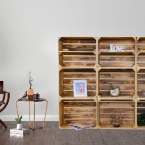 Dekoregal – Eckregal – Wohnzimmer Regal aus Holzkisten – 9er Set in Geflammt – Möbel aus Obstkisten & Weinkisten