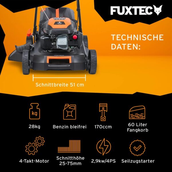 FUXTEC 4in1 Benzin Rasenmäher FX-RM5170-4PS/2,9kW | 51cm Schnittbreite & 7-stufige Höhenverstellung 25mm-75mm | 4-Takt Mäher mit Hinterradantrieb - 60L Grasfangkorb, Mulchfunktion& Seitenauswurf Besuche den Fuxtec-Store - Image 3