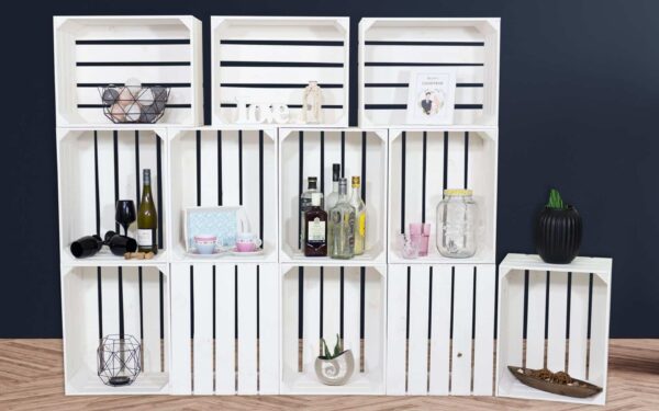 Großes Regal aus Holzkisten – 12er Set in weiß – Möbel aus Obstkisten & Weinkisten