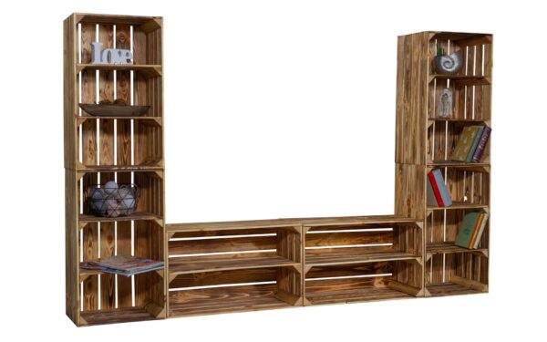 Holzkisten Wohnwand – TV-Board – Wohnzimmer Regalwand – Wandregal geflammt - Image 2
