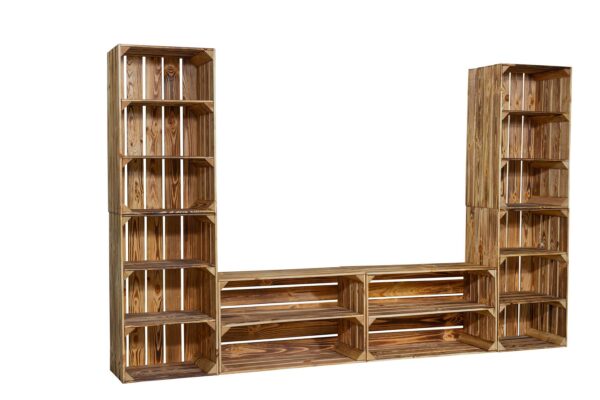 Holzkisten Wohnwand – TV-Board – Wohnzimmer Regalwand – Wandregal geflammt - Image 4