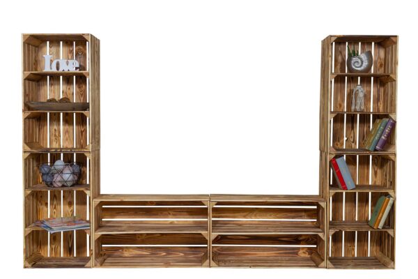 Holzkisten Wohnwand – TV-Board – Wohnzimmer Regalwand – Wandregal geflammt - Image 3