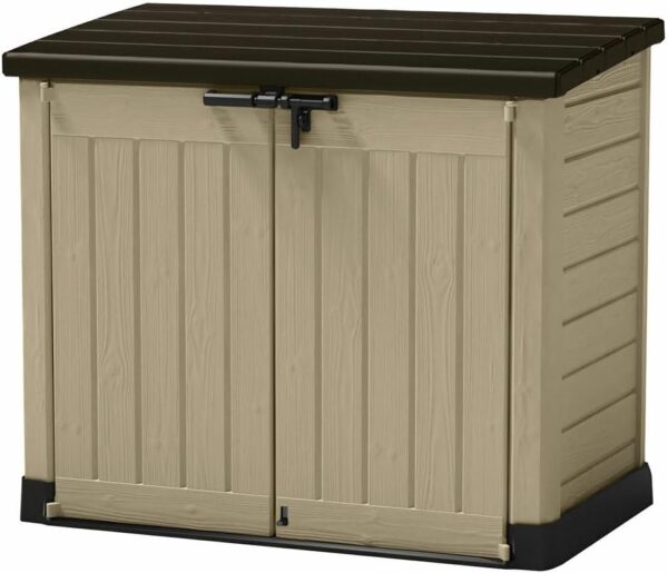 Keter Store it out Max Mülltonnenbox mit Gasdruckfeder, wetterfest, abschließbar, beige, 1.200 L, 145,5 x 82 x 125cm