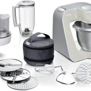 Bosch Küchenmaschine Serie 4 MUM58L20, Edelstahl-Schüssel 3,9 L, Mixer 1,25 L, Planetenrührwerk, Knethaken, Schlag- und Rührbesen Edelstahl, Durchlaufschnitzler, 3 Scheiben, 1000 W, Grau/Silber