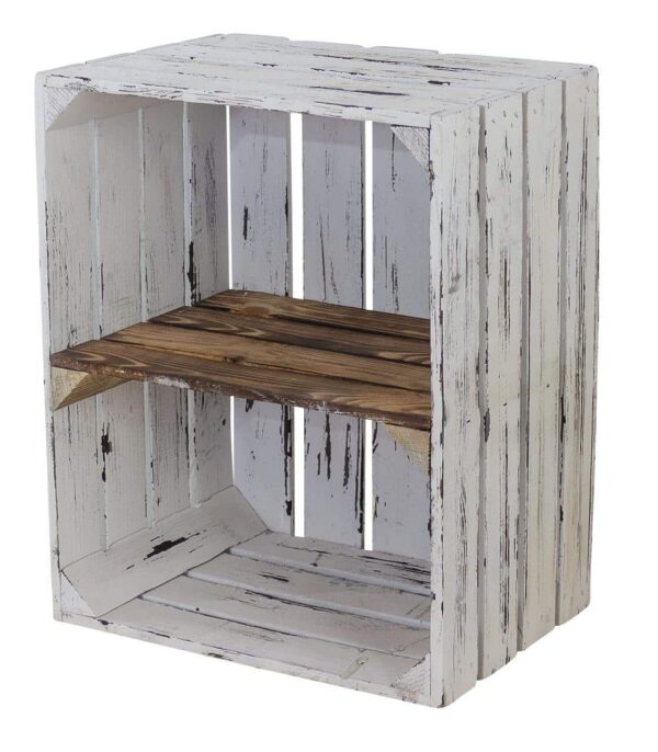 Holzkiste Vintage weiss mit geflammten Regalboden – Weiße Regal Kiste