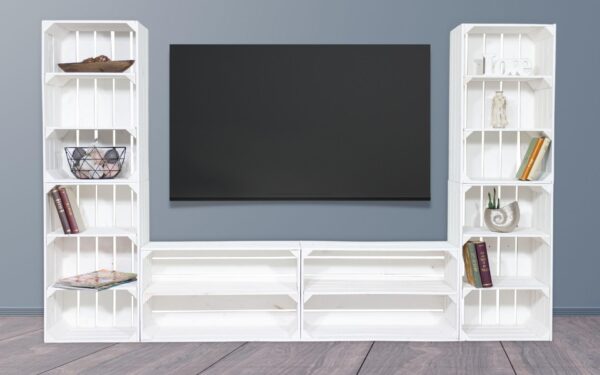Holzkisten Wohnwand – TV-Board – Wohnzimmer Regalwand – Wandregal weiß